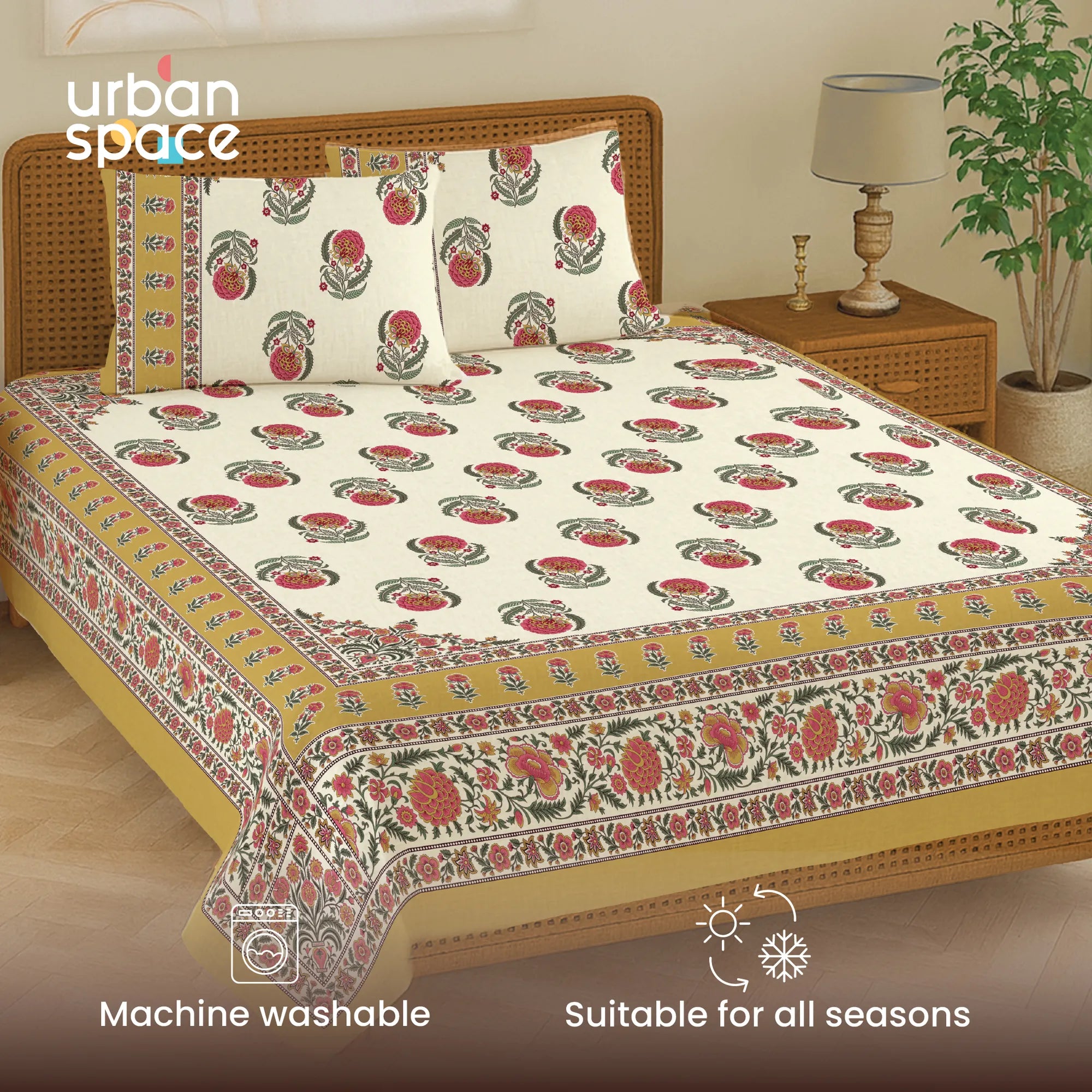 Rajasthani Ethnic 100% Cotton Bedsheet with 2 Pillow Covers, King Bed - Chandbali Mustard