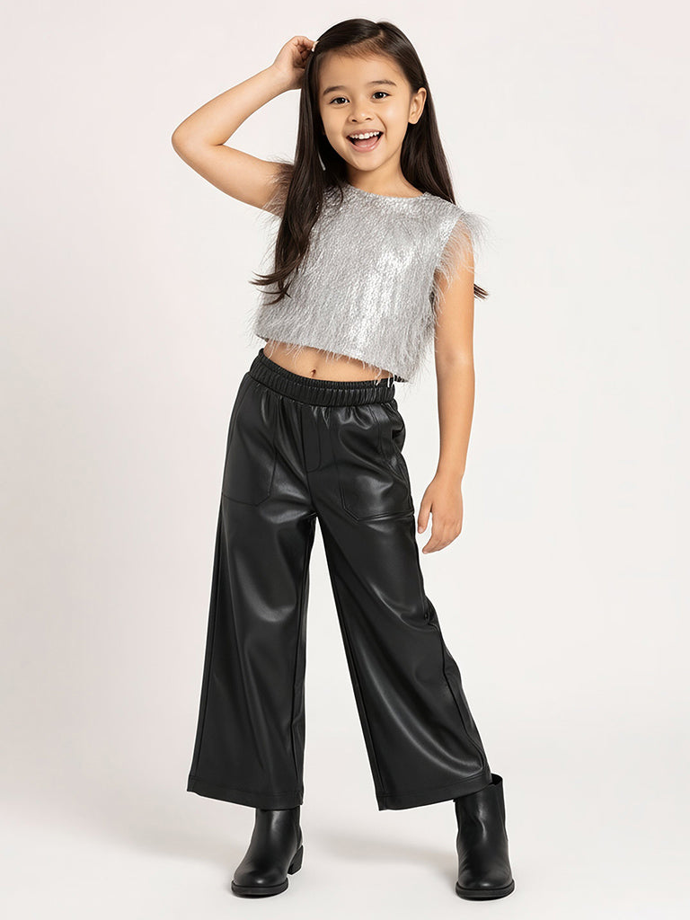 HOP Kids Girls Black Solid High-Rise Faux-Leather Pants