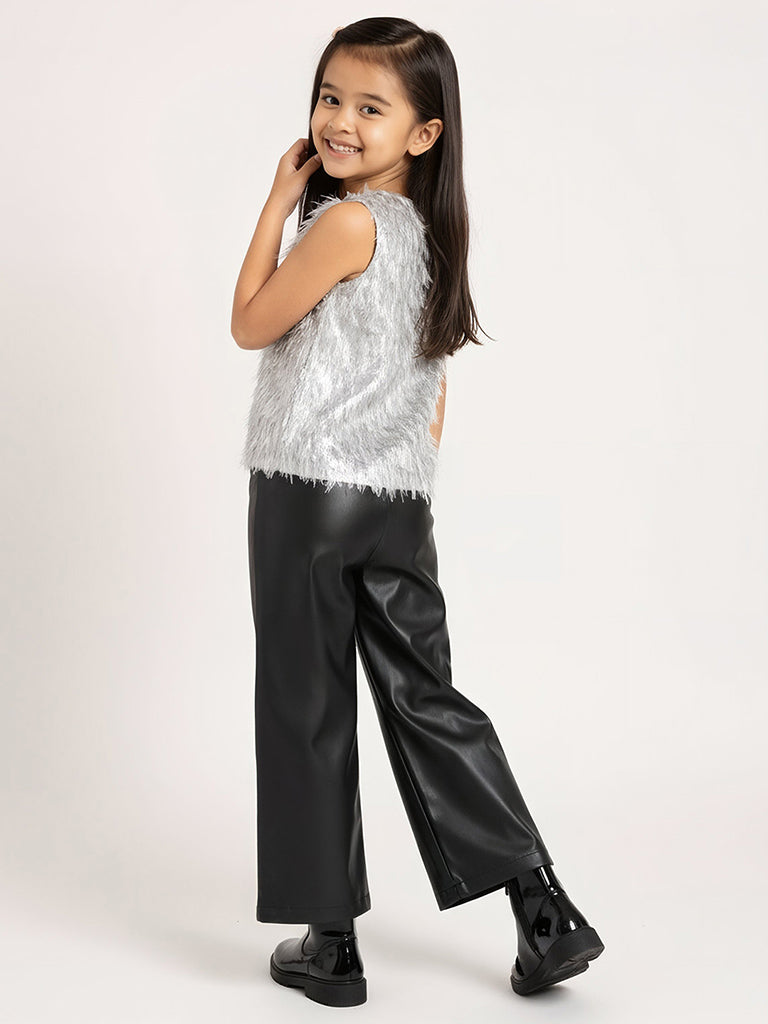 HOP Kids Girls Black Solid High-Rise Faux-Leather Pants