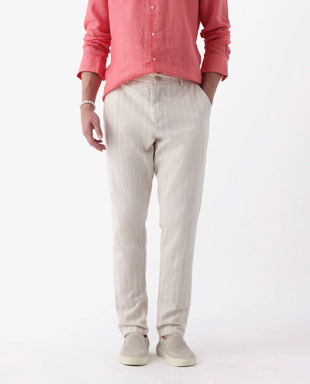 Rare Rabbit Men's Dano Beige Linen Blend Striped Print Regular Fit Trouser