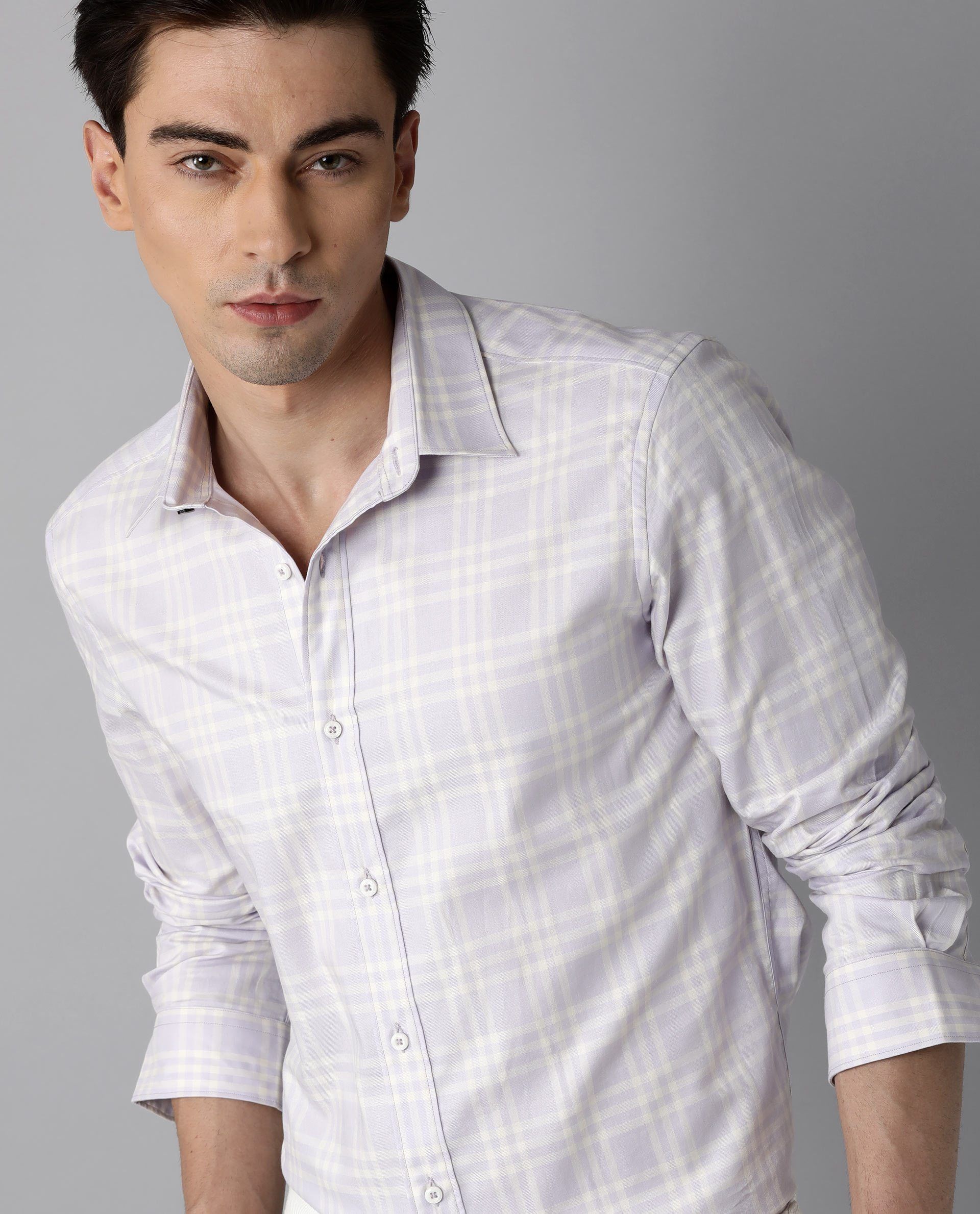Rare Rabbit Men's Daren Purple Cotton Checked Print Regular Fit Full Sleeve Spread Collar Shirt