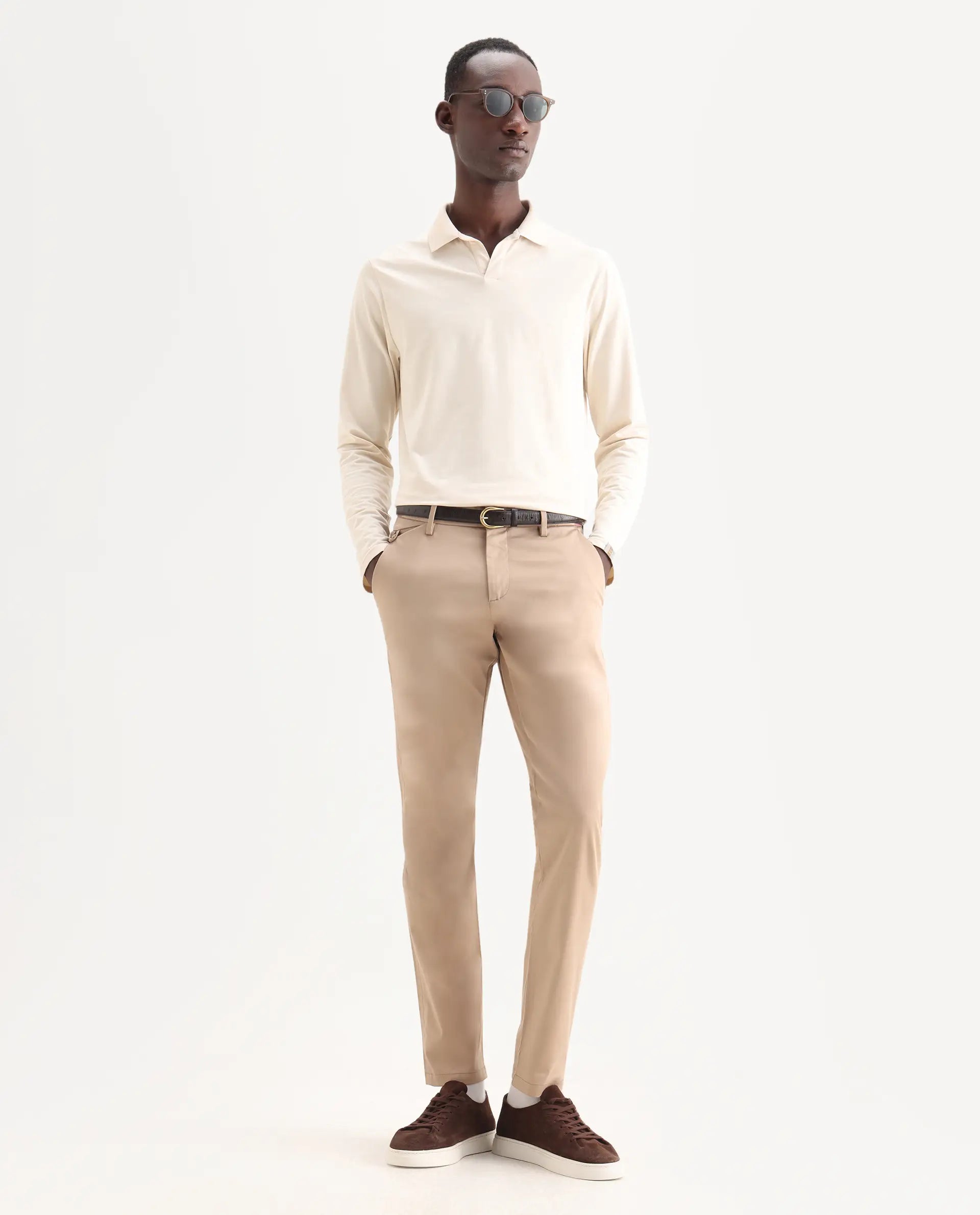 Rare Rabbit Men's Daron Beige Cotton Plain Regular Fit Trouser