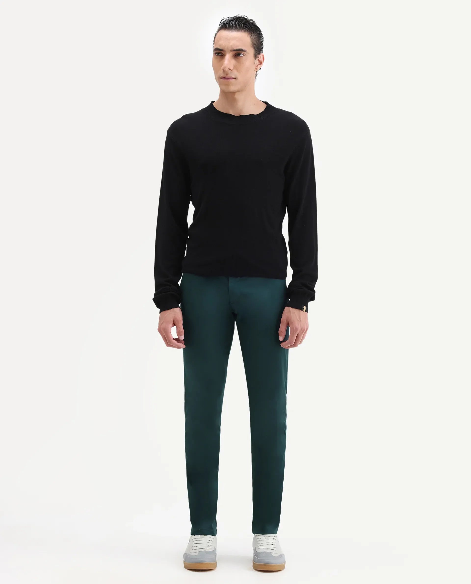 Rare Rabbit Men's Daron Petrol Cotton Plain Regular Fit Trouser