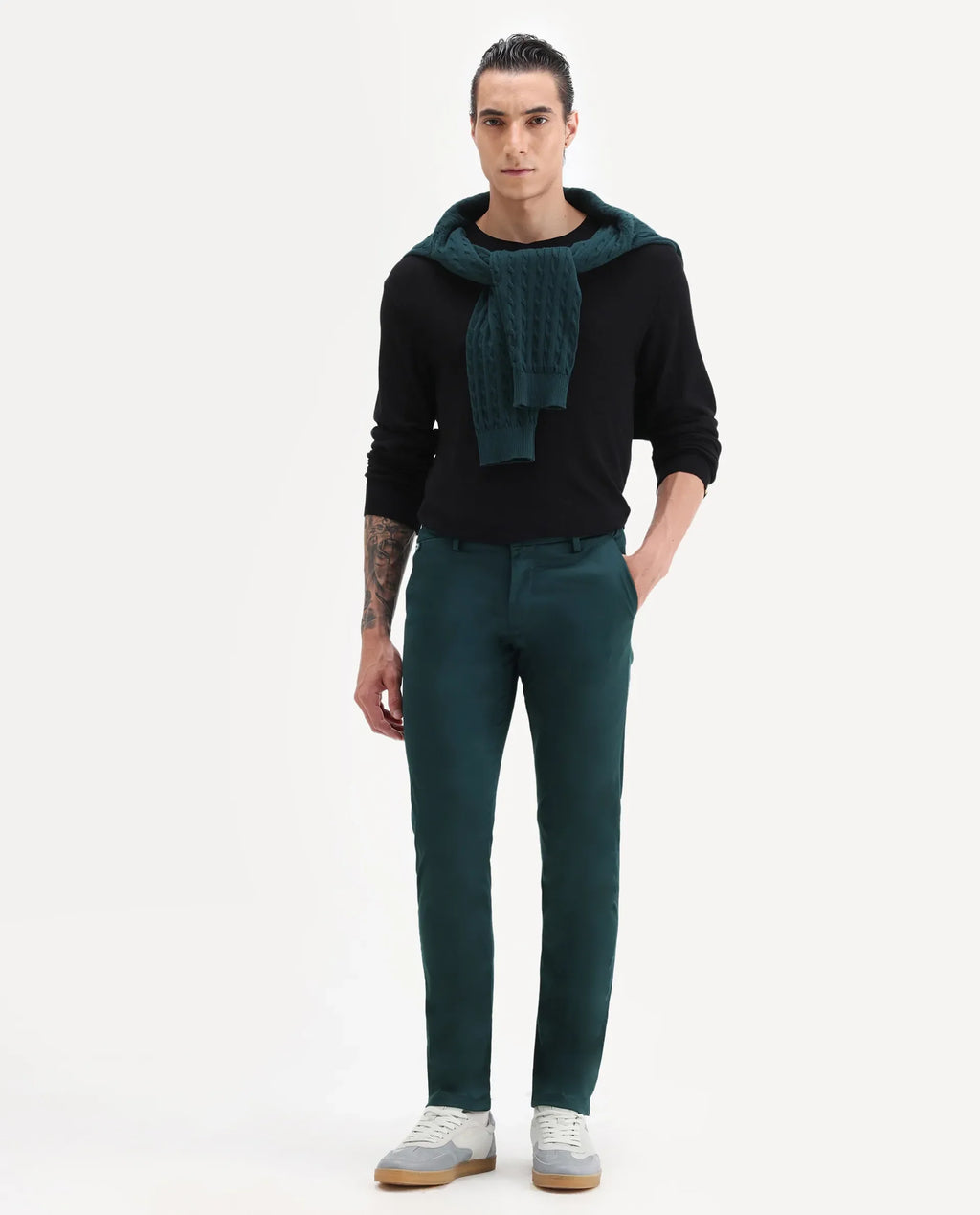 Rare Rabbit Men's Daron Petrol Cotton Plain Regular Fit Trouser