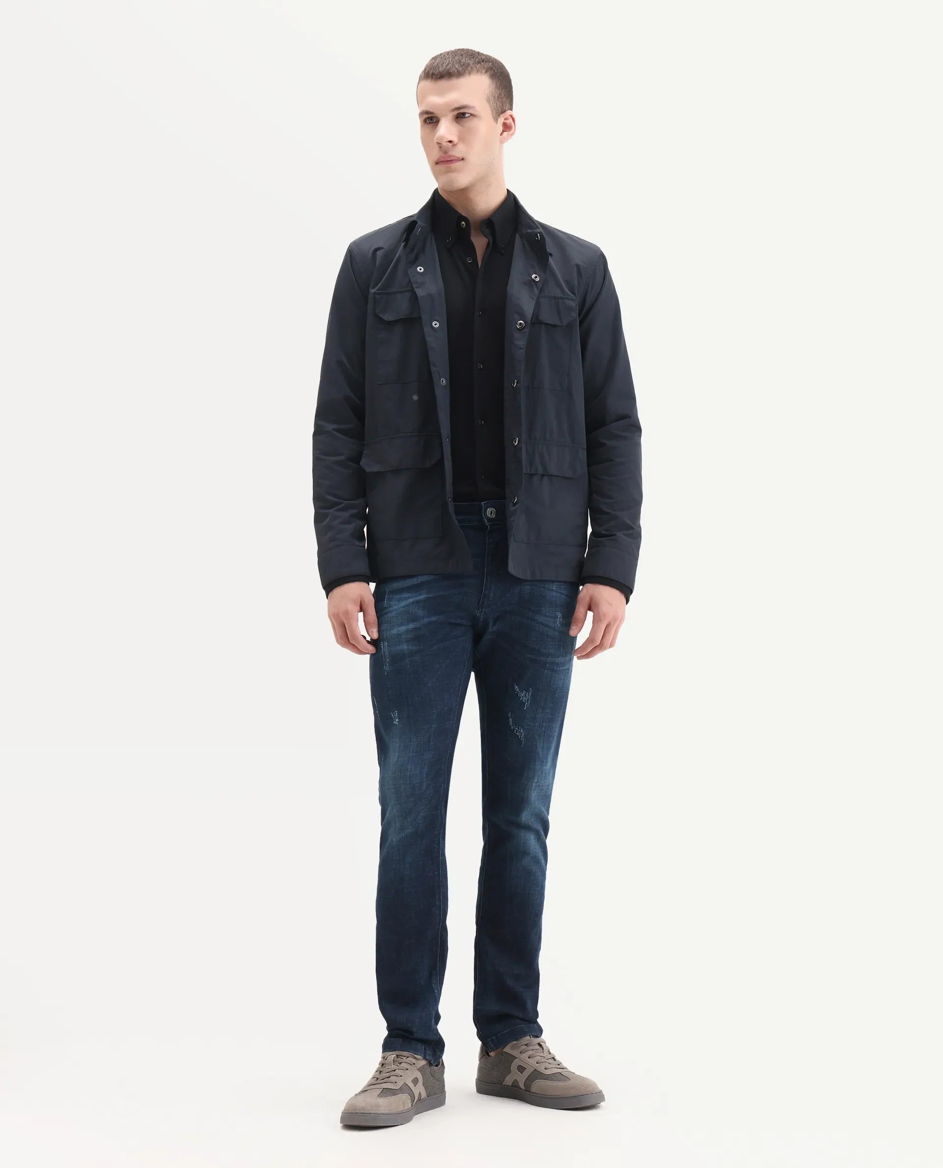 Rare Rabbit Men's David-3 Blue Cotton Plain Hawk Slim Fit Jeans