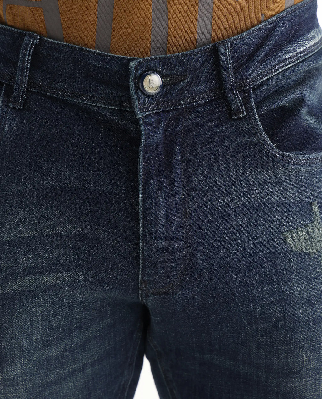 Rare Rabbit Men's David 4 Blue Cotton Plain Hawk Slim Fit Jeans