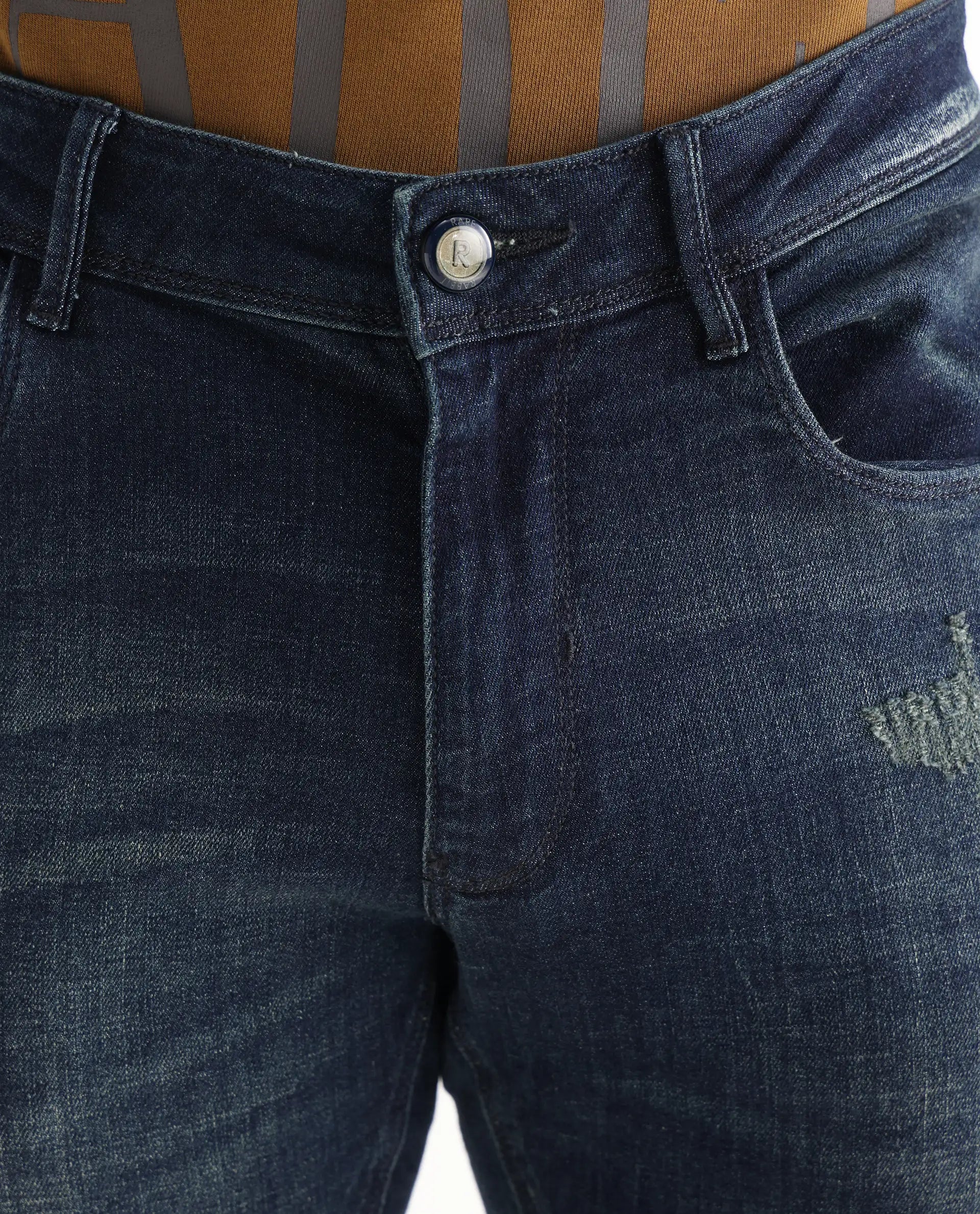 Rare Rabbit Men's David 4 Blue Cotton Plain Hawk Slim Fit Jeans