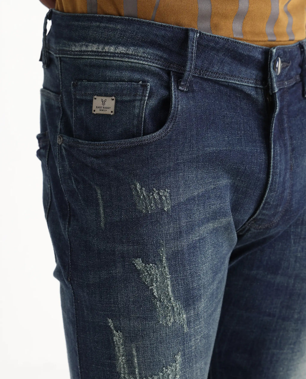 Rare Rabbit Men's David 4 Blue Cotton Plain Hawk Slim Fit Jeans