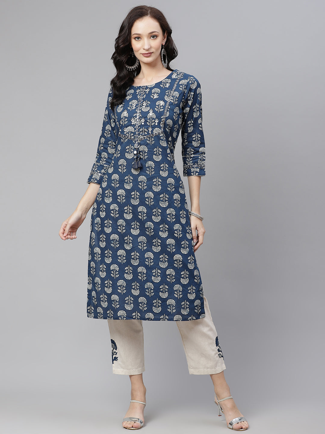 Divena Blue Floral A-Line Cotton Kurta Pant Sets