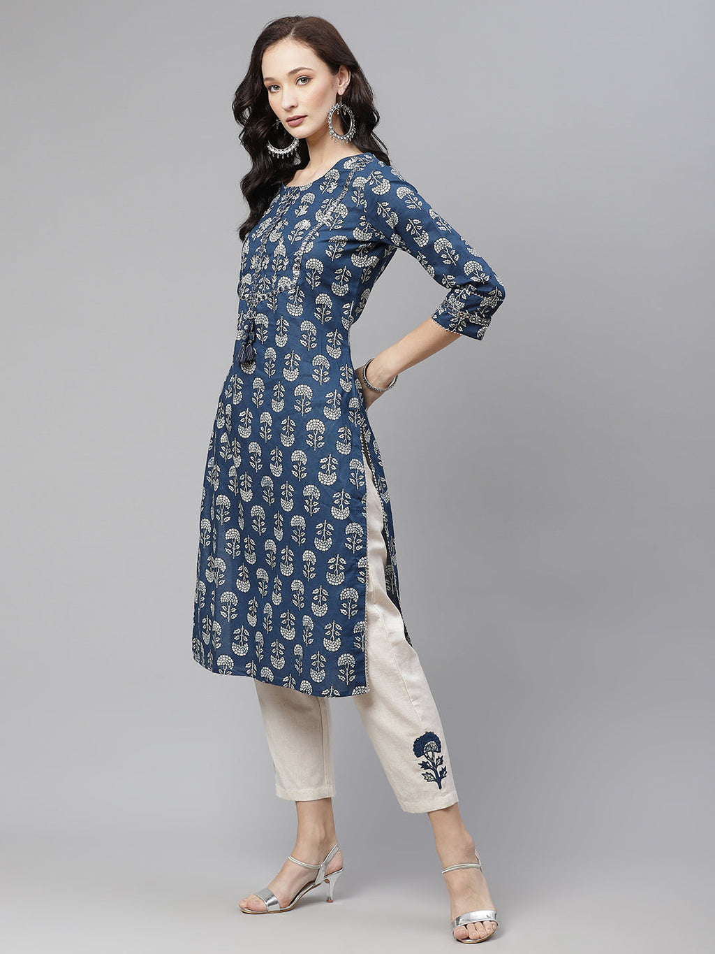 Divena Blue Floral A-Line Cotton Kurta Pant Sets