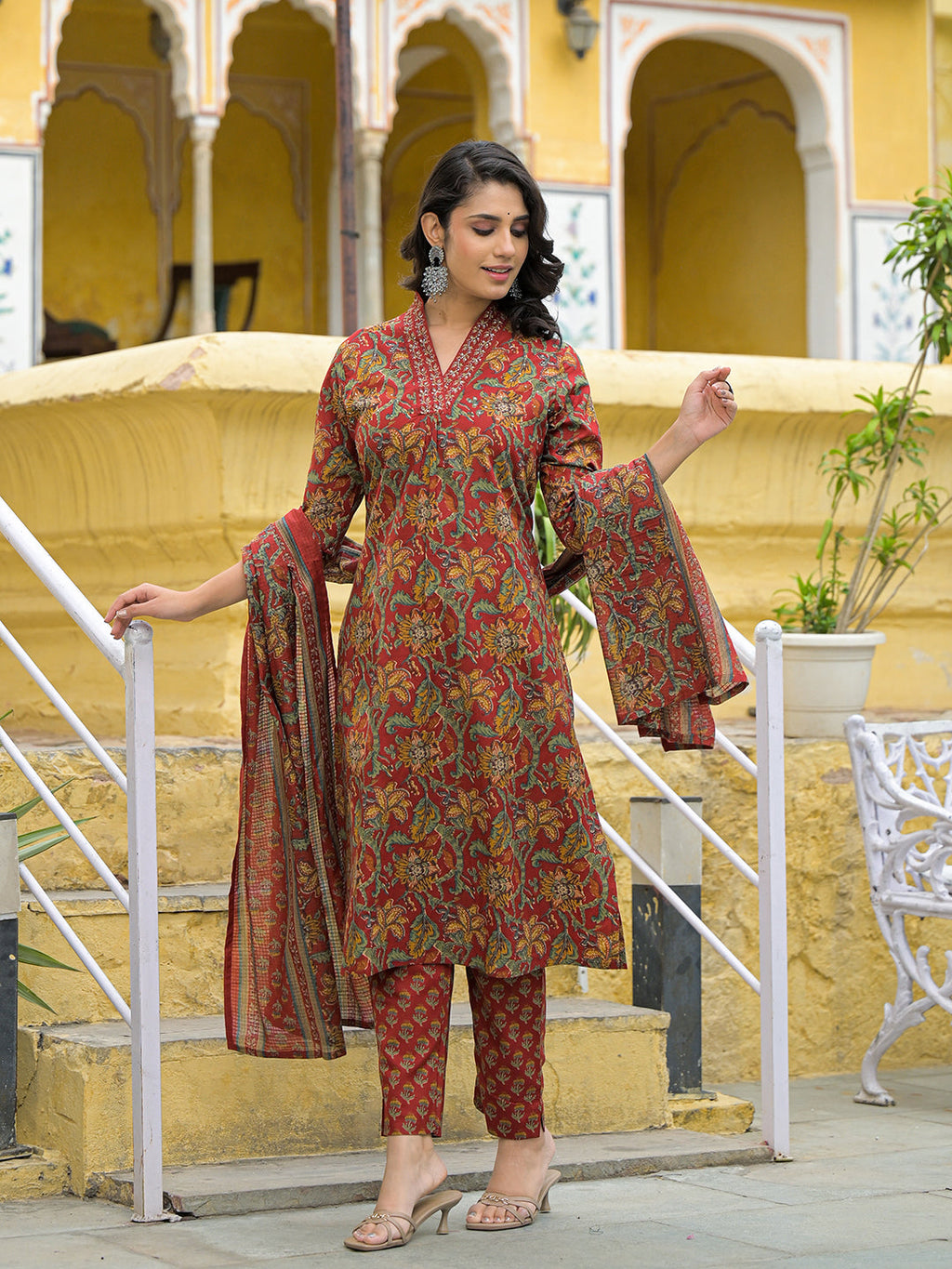 Divena Maroon Cotton V-neck Kurta Pant Set with Dupatta