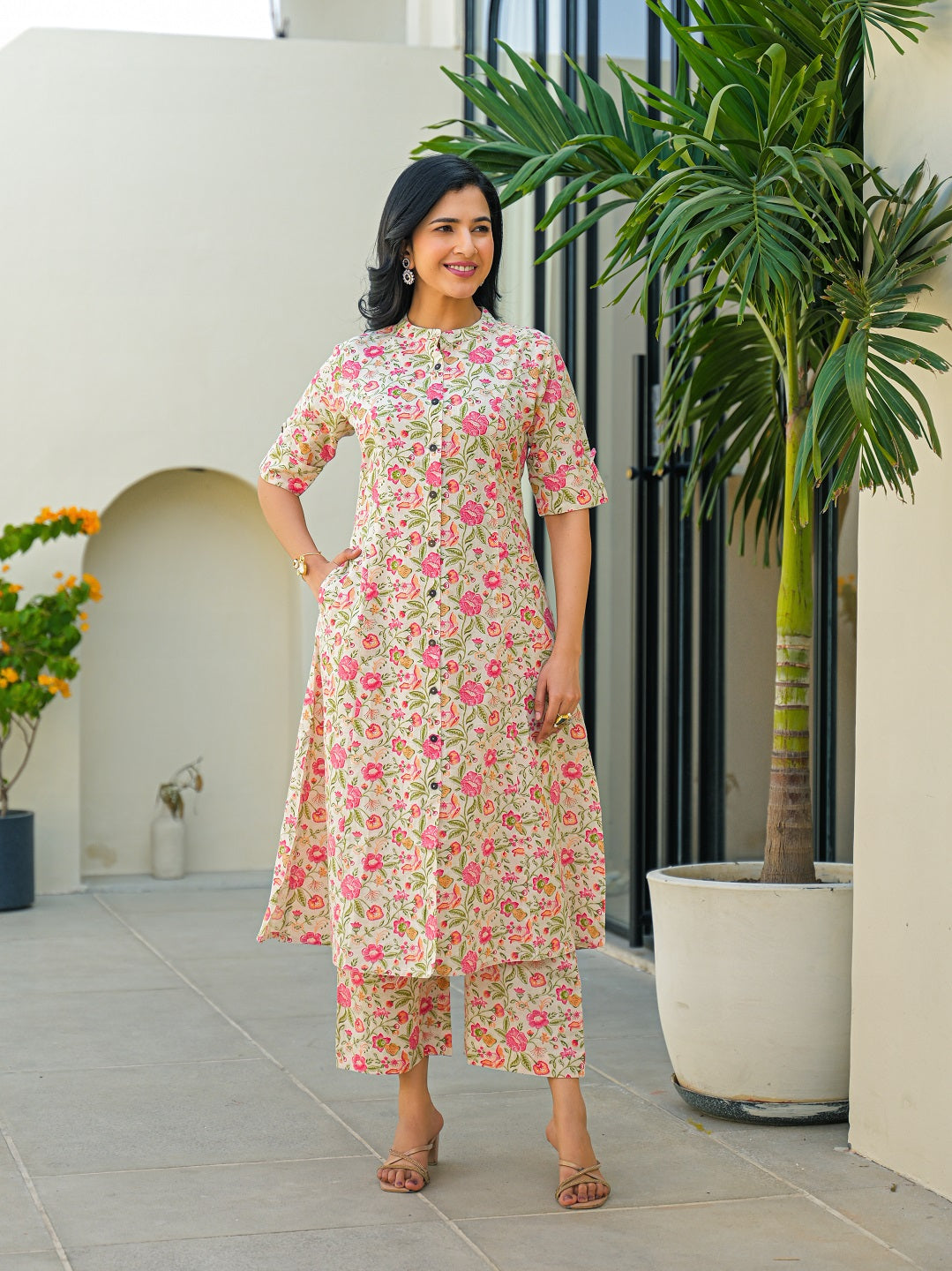 Divena Off White Floral A-Line Cotton Kurta Pant Sets