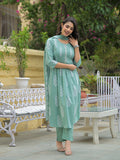 Divena Teal Green Cotton Pintuck Design Kurta pant set with Dupatta