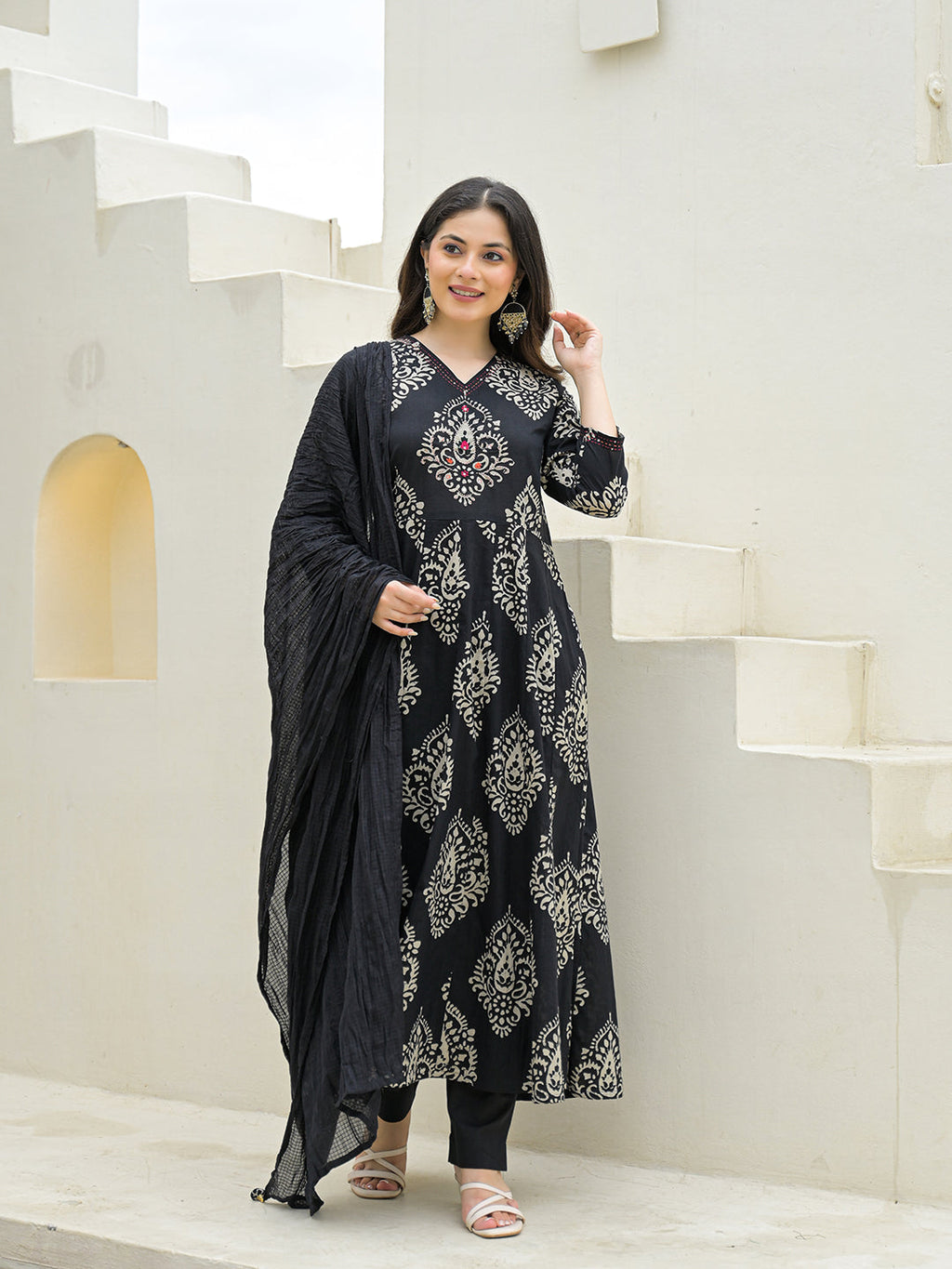 Divena Black Cotton Anarkali kurta Pant Set with Dupatta