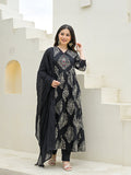 Divena Black Cotton Anarkali kurta Pant Set with Dupatta