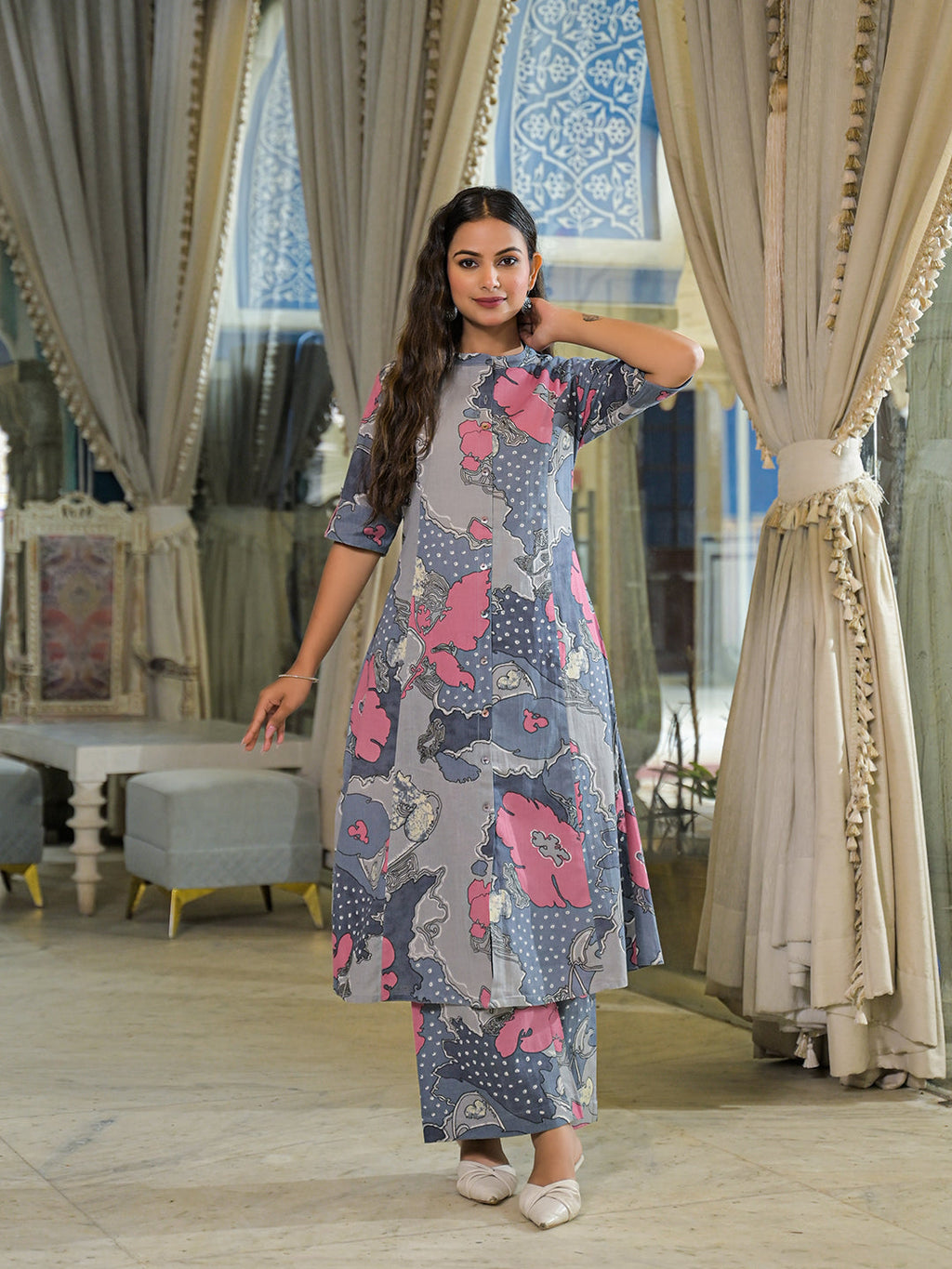 Divena Grey Floral Print A-Line Cotton Kurta Pant Sets