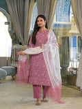 Divena Pink Embroidered Cotton Straight Kurta Pant Set With Dupatta