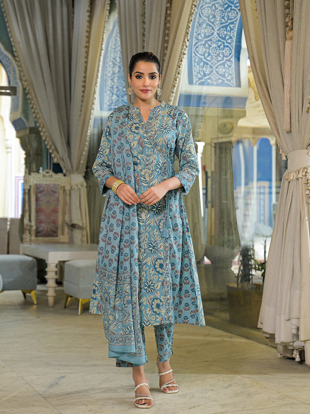 Divena Blue Floral Print Cotton A-Line Kurta Pant With Dupatta