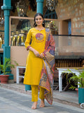 Divena Mustard Embroidered Cotton Kurta Sets With Dupatta