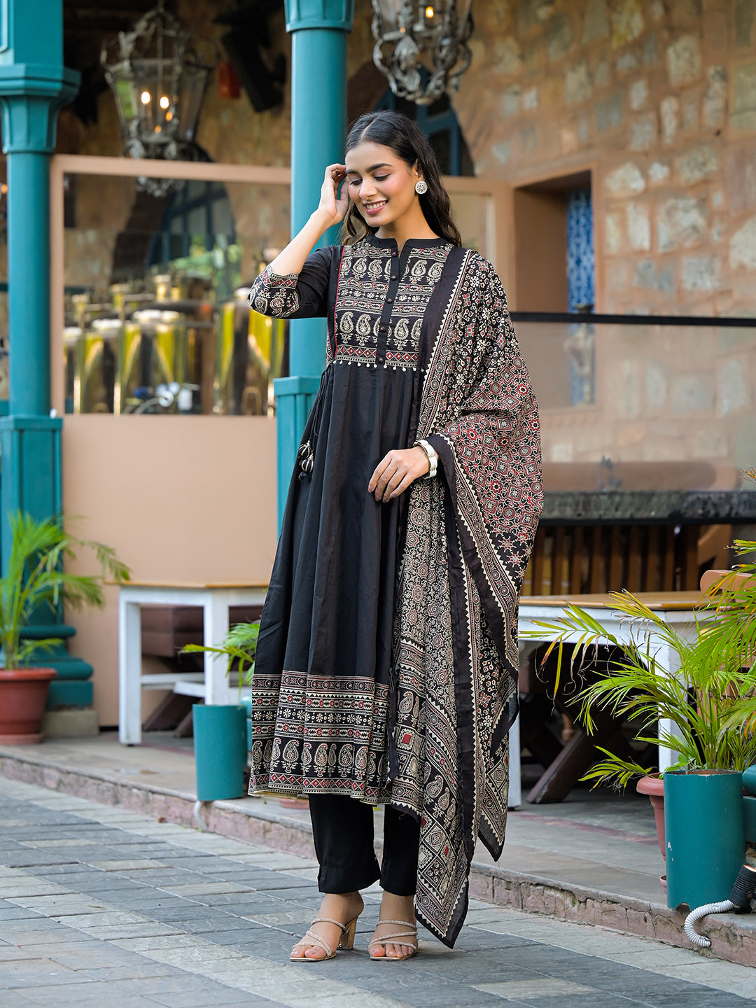 Divena Black Paisley Print Cotton Anarkali Kurta Sets With Dupatta