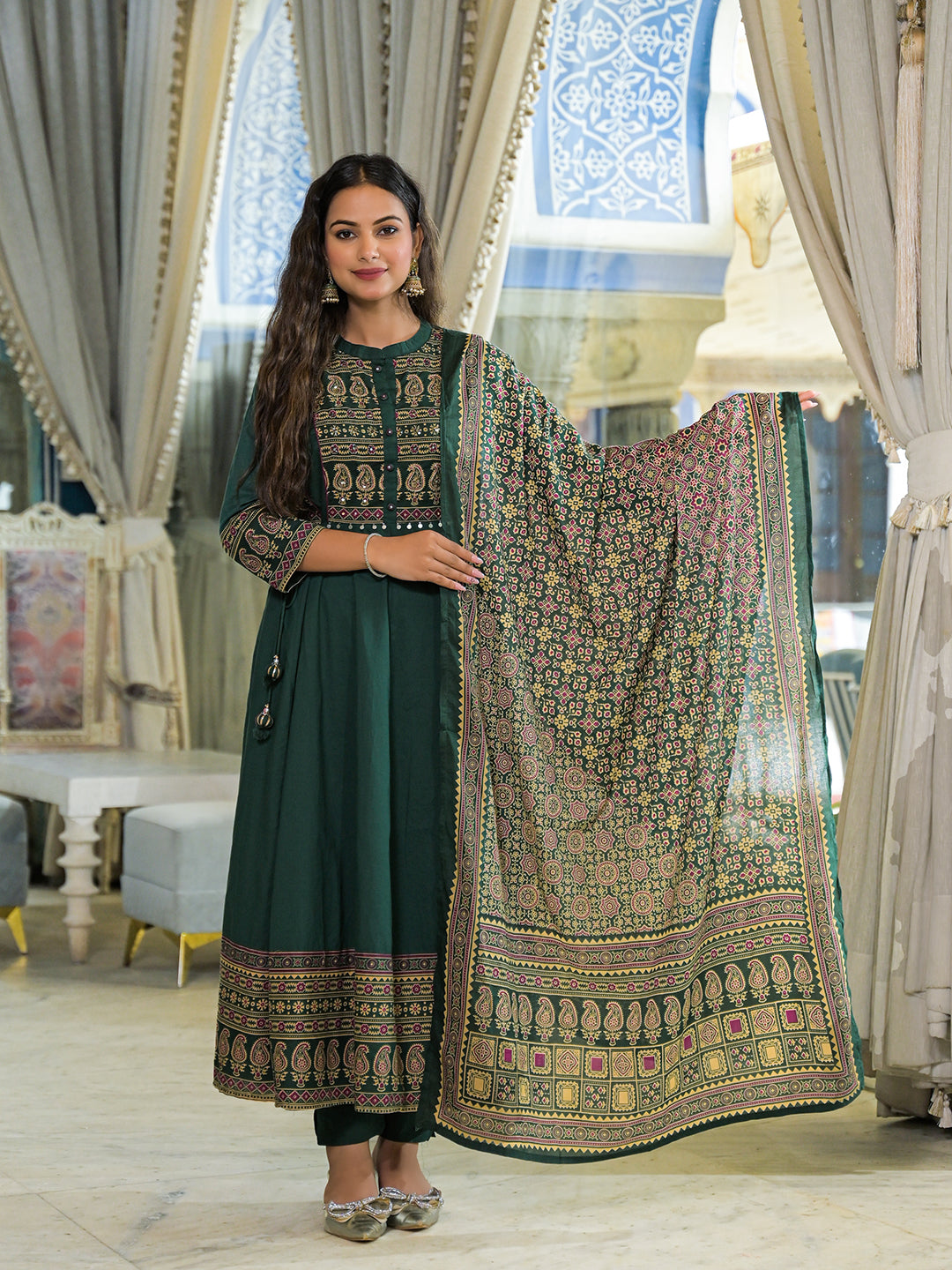Divena Green Paisley Print Cotton Anarkali Kurta Pant Set With Dupatta