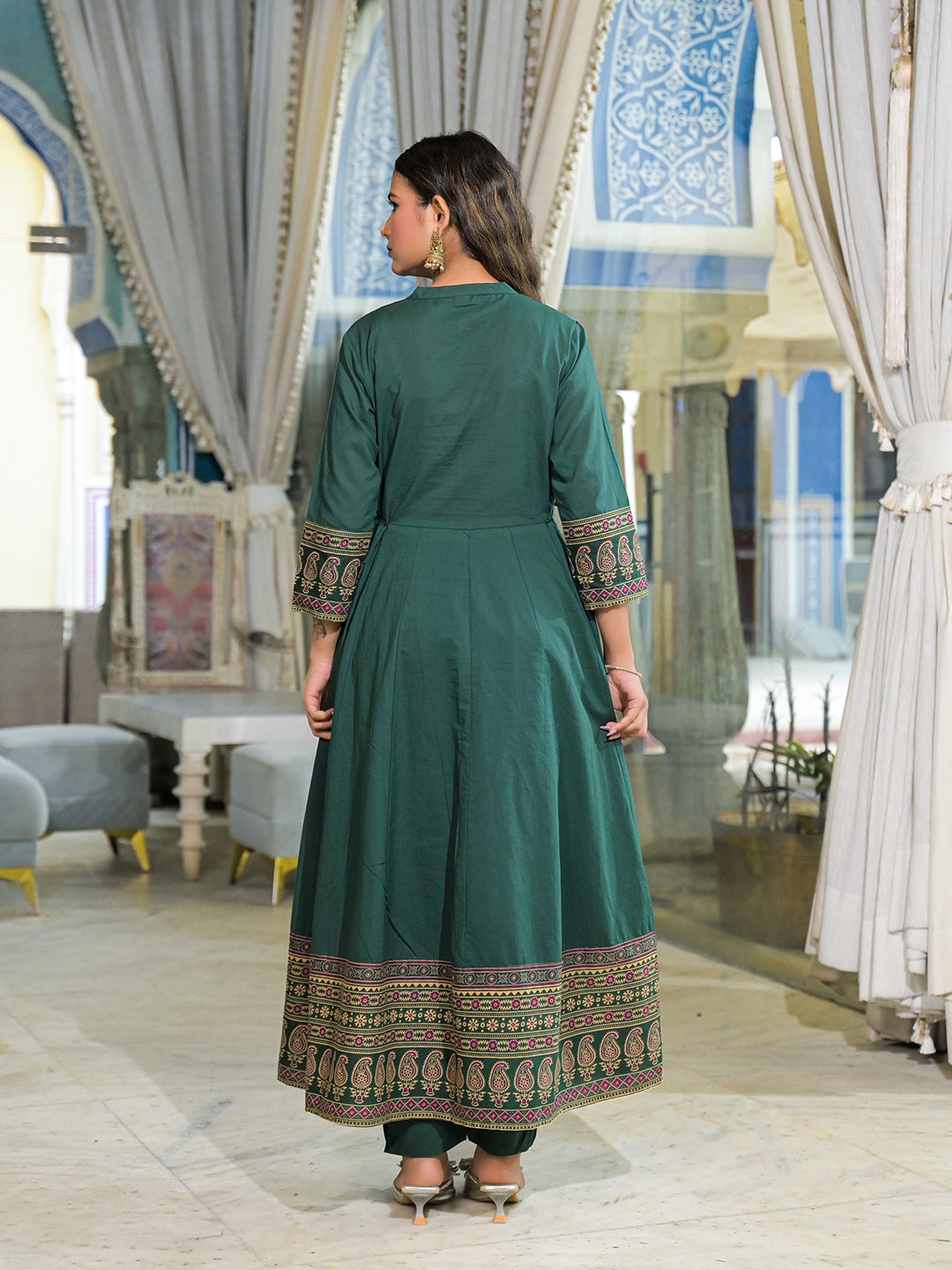 Divena Green Paisley Print Cotton Anarkali Kurta Pant Set With Dupatta