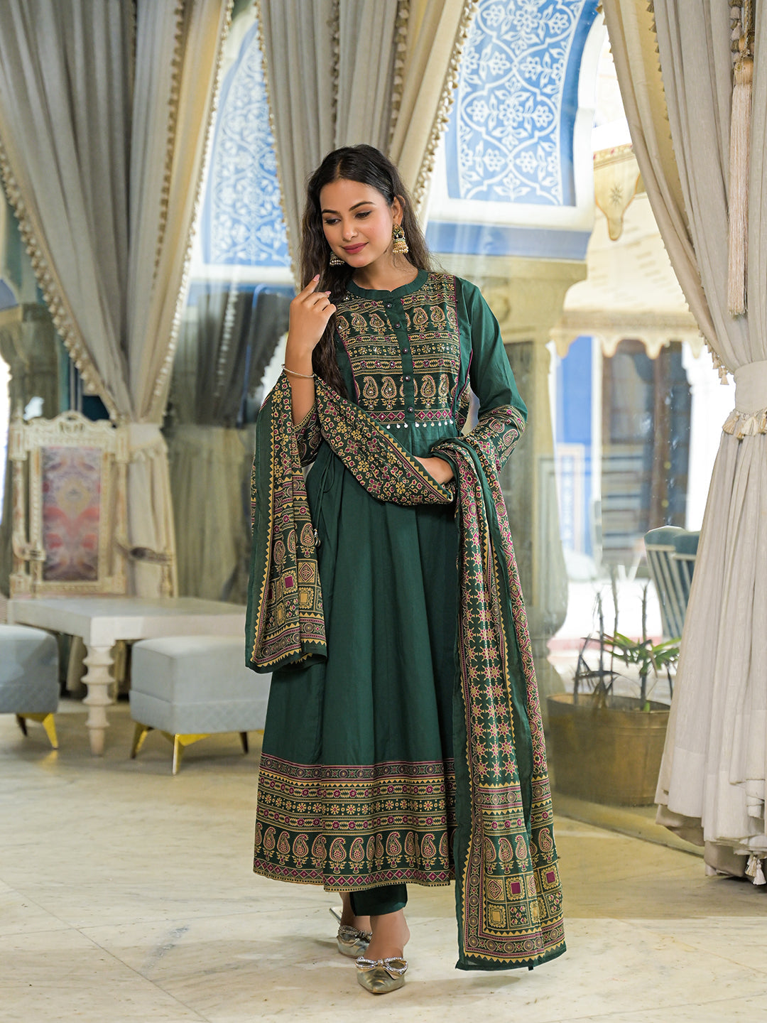 Divena Green Paisley Print Cotton Anarkali Kurta Pant Set With Dupatta