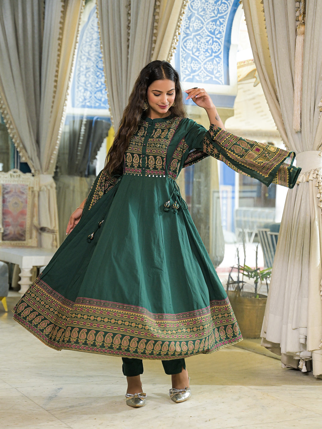 Divena Green Paisley Print Cotton Anarkali Kurta Pant Set With Dupatta