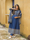 Divena Blue Paisley Print Cotton Anarkali Kurta Pant Set With Dupatta