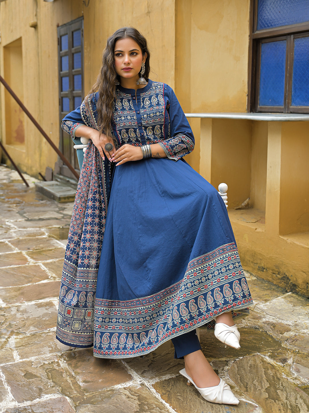 Divena Blue Paisley Print Cotton Anarkali Kurta Pant Set With Dupatta