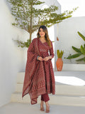 Divena Maroon V-Neck Anarkali Floral Cotton Kurta Pant Set With Dupatta