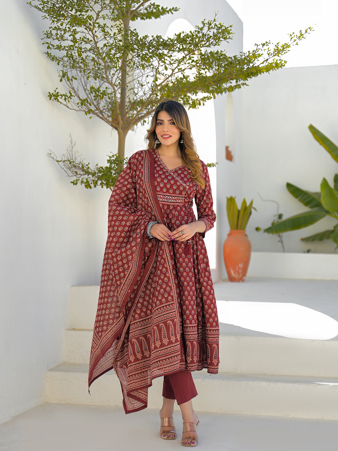 Divena Maroon V-Neck Anarkali Floral Cotton Kurta Pant Set With Dupatta