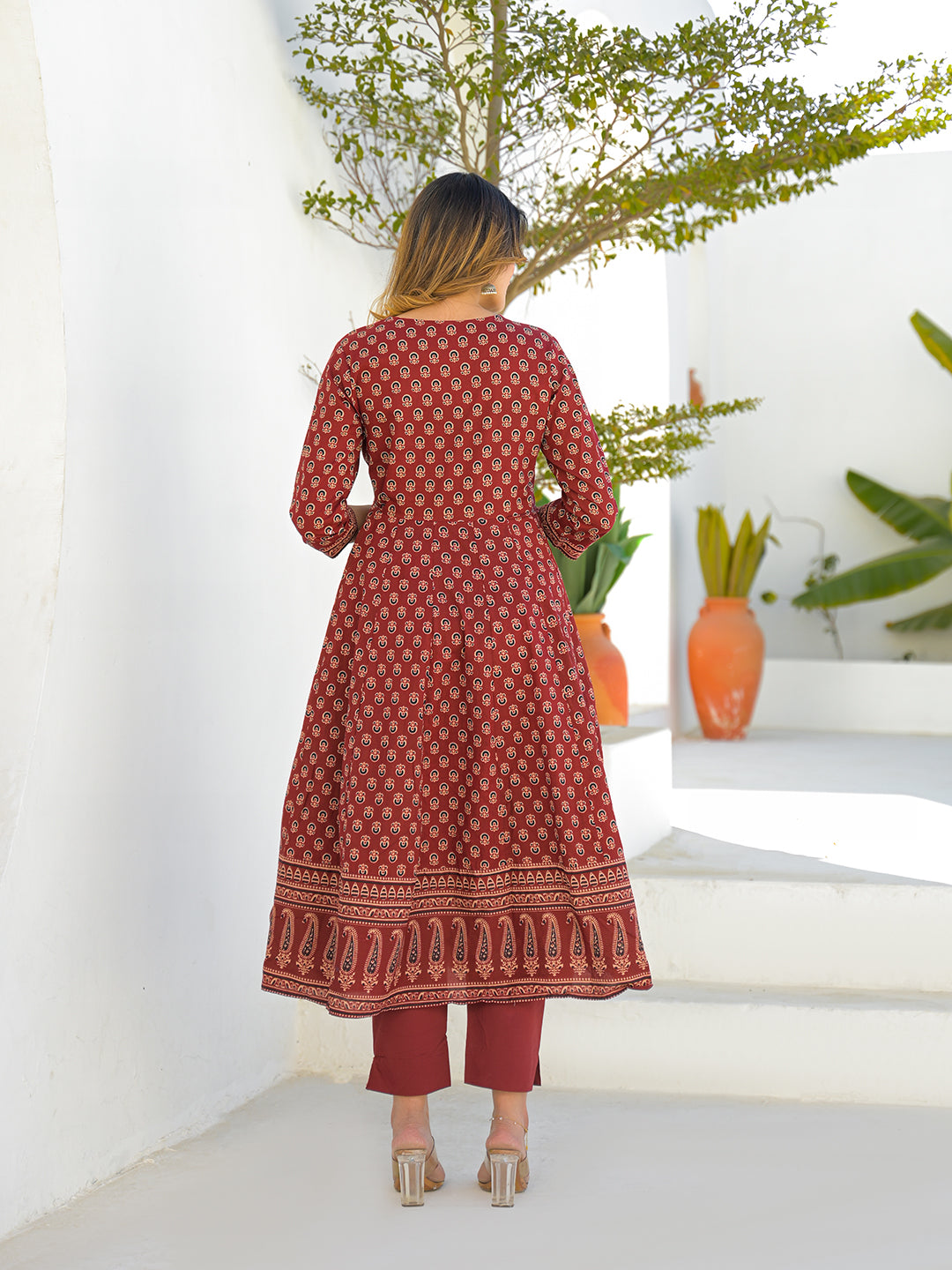 Divena Maroon V-Neck Anarkali Floral Cotton Kurta Pant Set With Dupatta