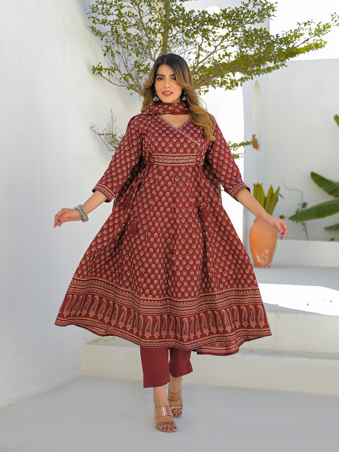 Divena Maroon V-Neck Anarkali Floral Cotton Kurta Pant Set With Dupatta