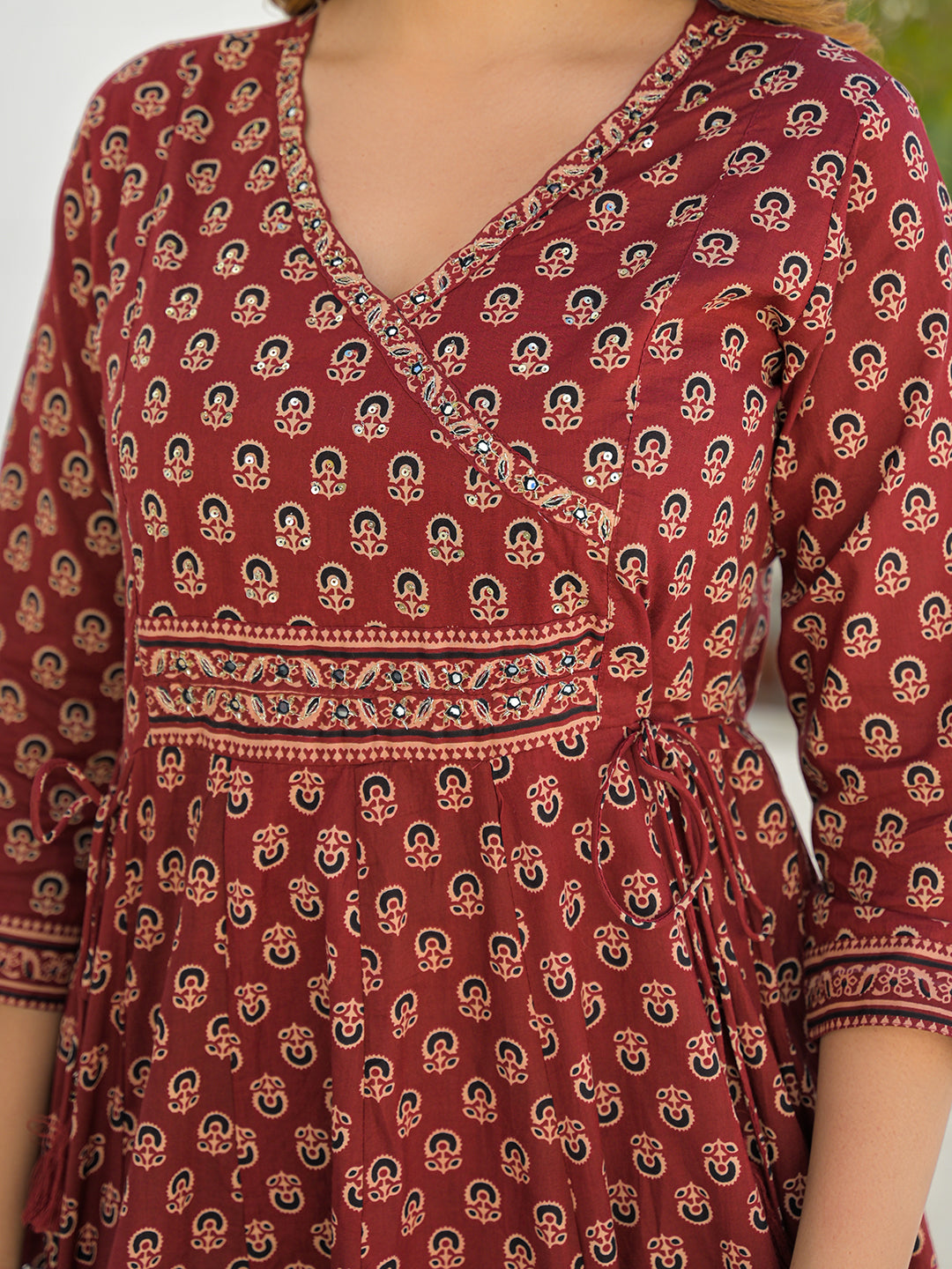 Divena Maroon V-Neck Anarkali Floral Cotton Kurta Pant Set With Dupatta