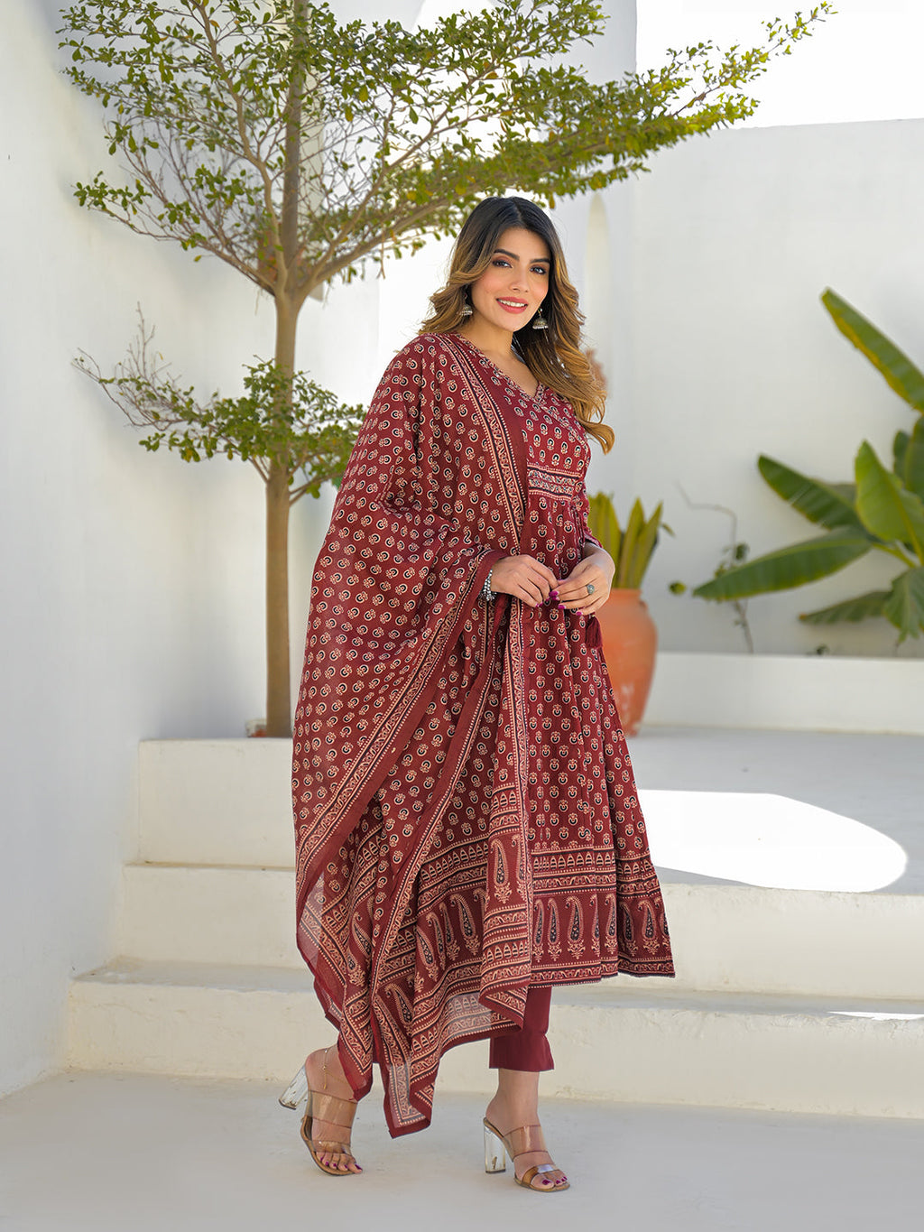 Divena Maroon V-Neck Anarkali Floral Cotton Kurta Pant Set With Dupatta