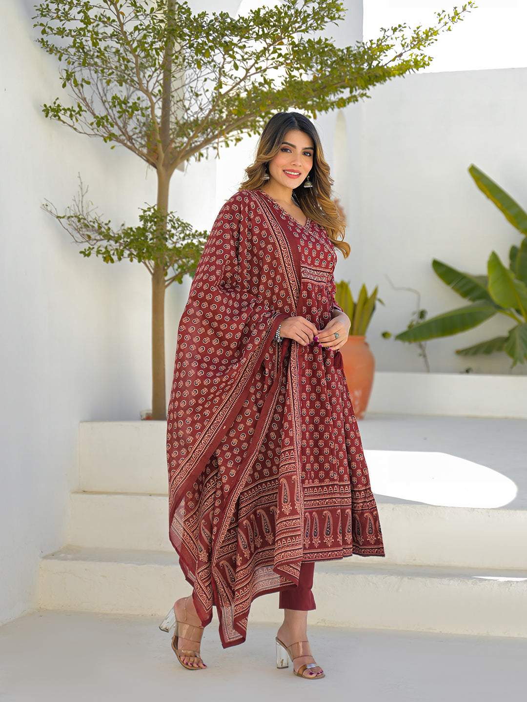 Divena Maroon V-Neck Anarkali Floral Cotton Kurta Pant Set With Dupatta