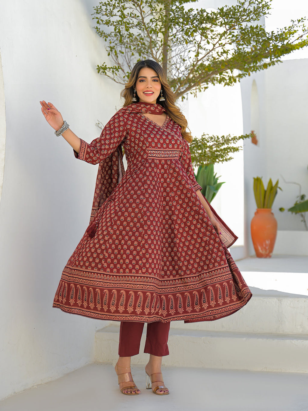 Divena Maroon V-Neck Anarkali Floral Cotton Kurta Pant Set With Dupatta