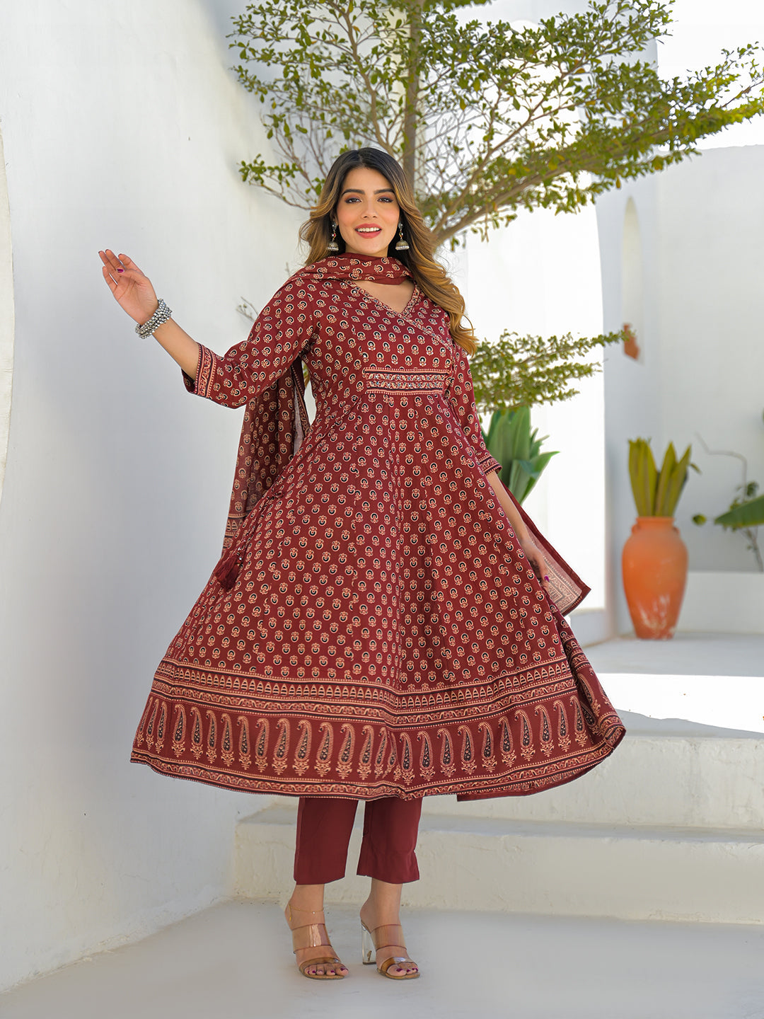 Divena Maroon V-Neck Anarkali Floral Cotton Kurta Pant Set With Dupatta