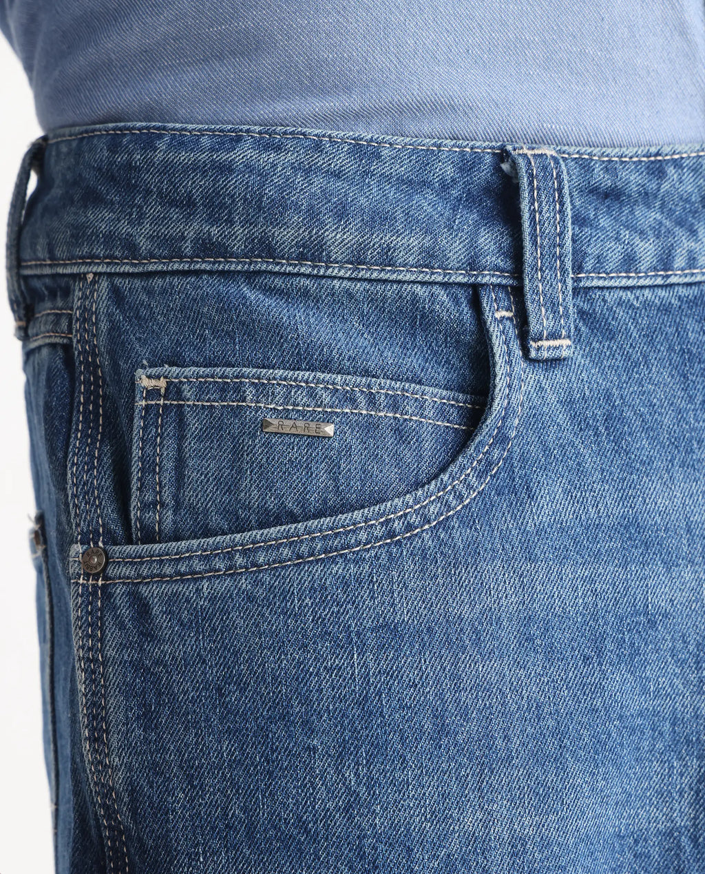 Rare Rabbit Men's Denis Blue Cotton Plain Morris Regular Fit Jeans
