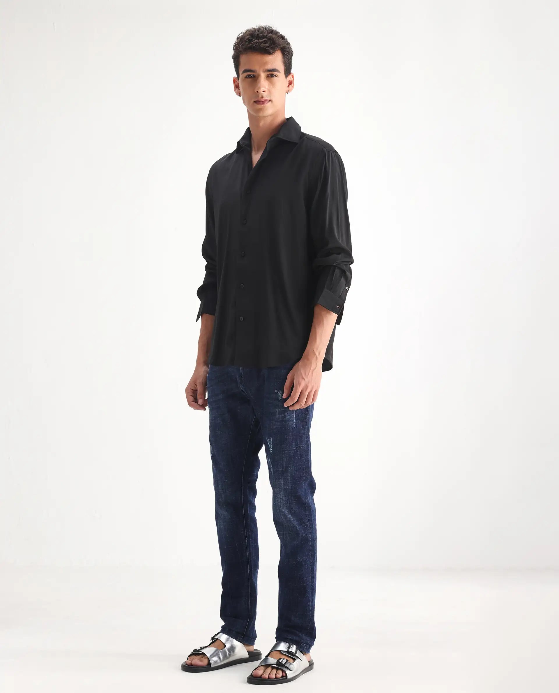 Rare Rabbit Men's Devin Blue Cotton Blend Plain Hawk Slim Fit Jeans
