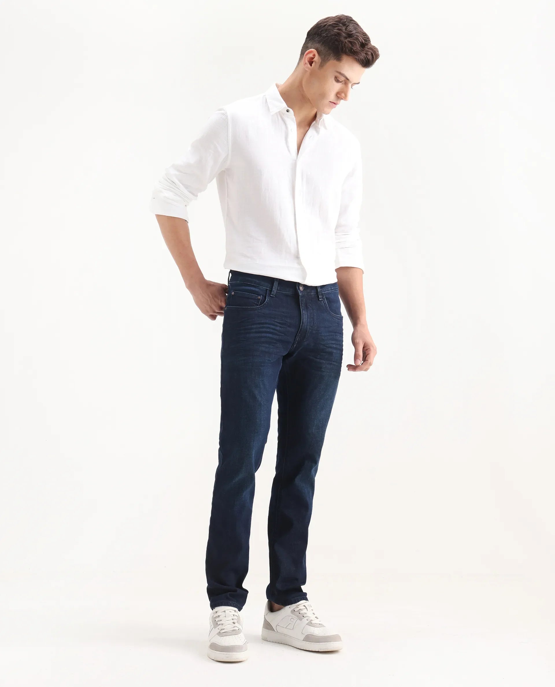 Rare Rabbit Men's Digo Dark Navy Cotton Blend Plain Hawk Slim Fit Jeans
