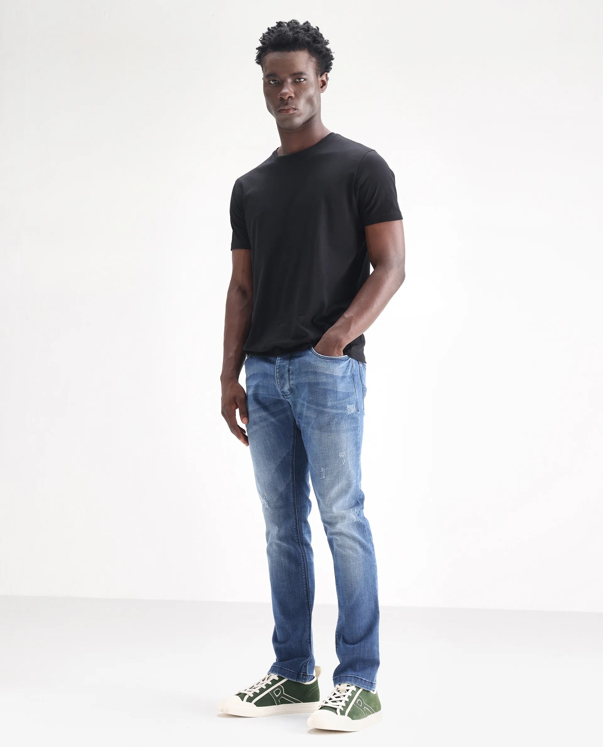 Rare Rabbit Men's Dijon Blue Cotton Plain Hawk Slim Fit Jeans
