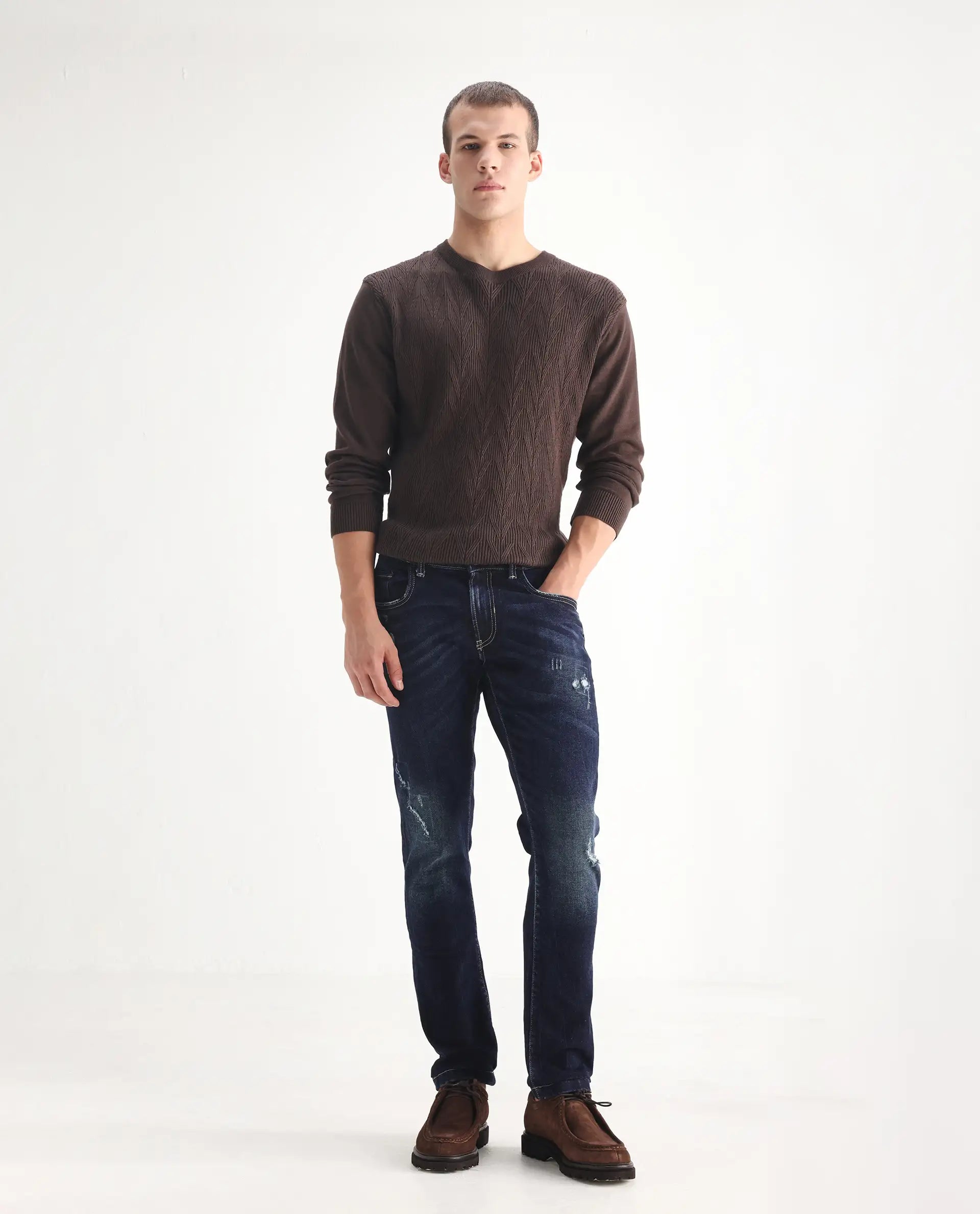 Rare Rabbit Men's Dili Dusky Navy Cotton Blend Plain Hawk Slim Fit Jeans