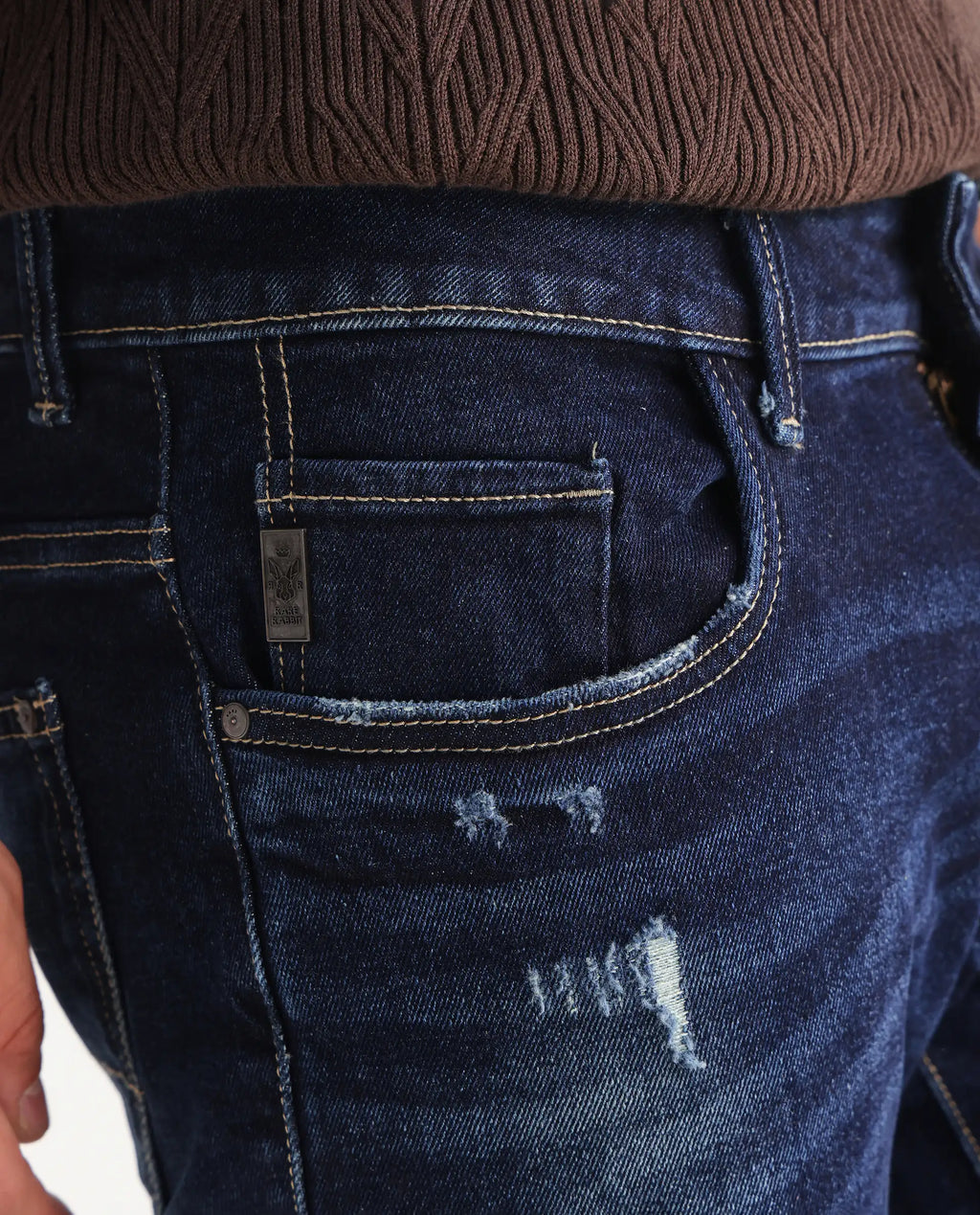 Rare Rabbit Men's Dili Dusky Navy Cotton Blend Plain Hawk Slim Fit Jeans