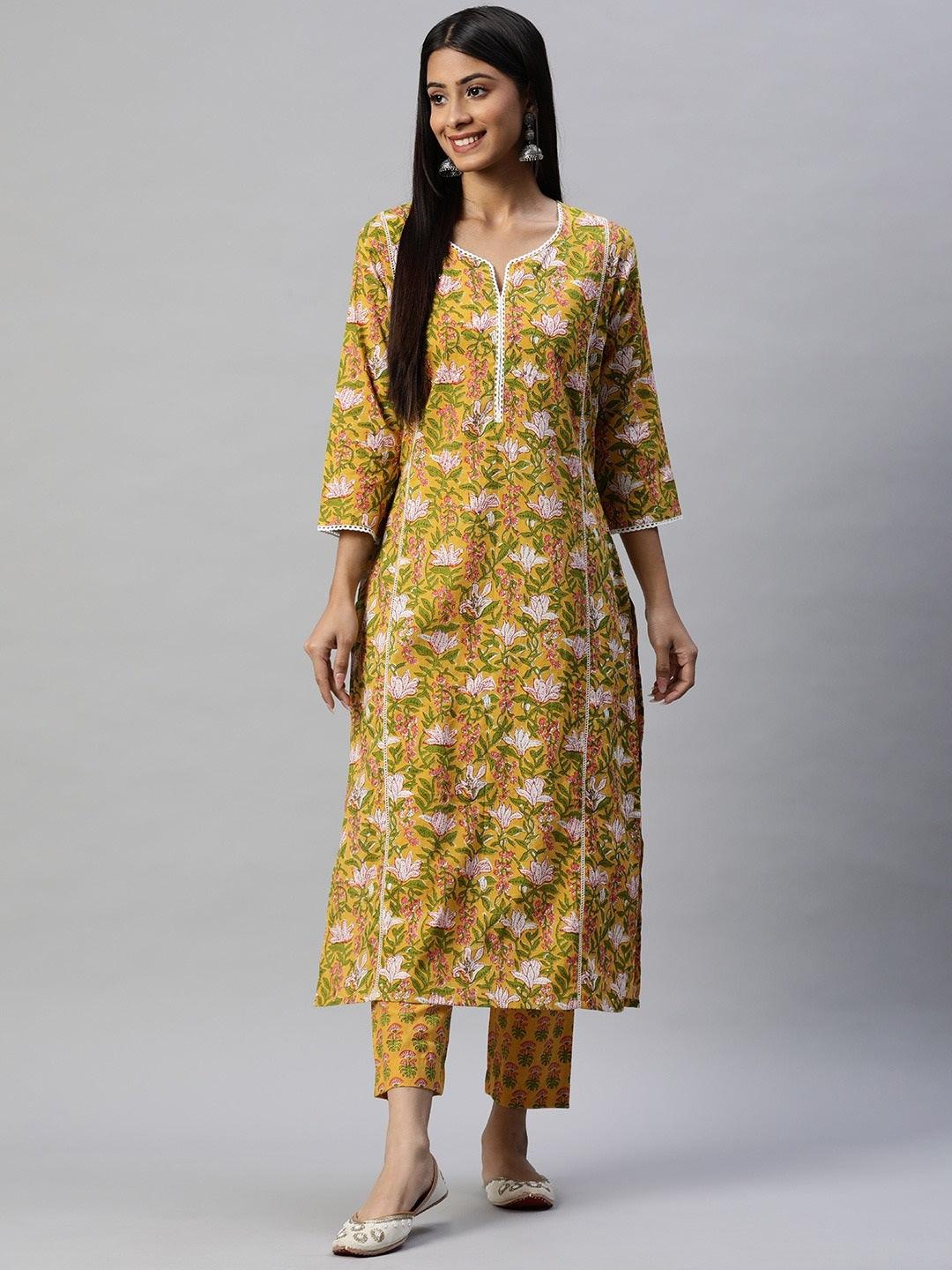 Divena Yellow Floral Printed Straight Kurta Pant Sets