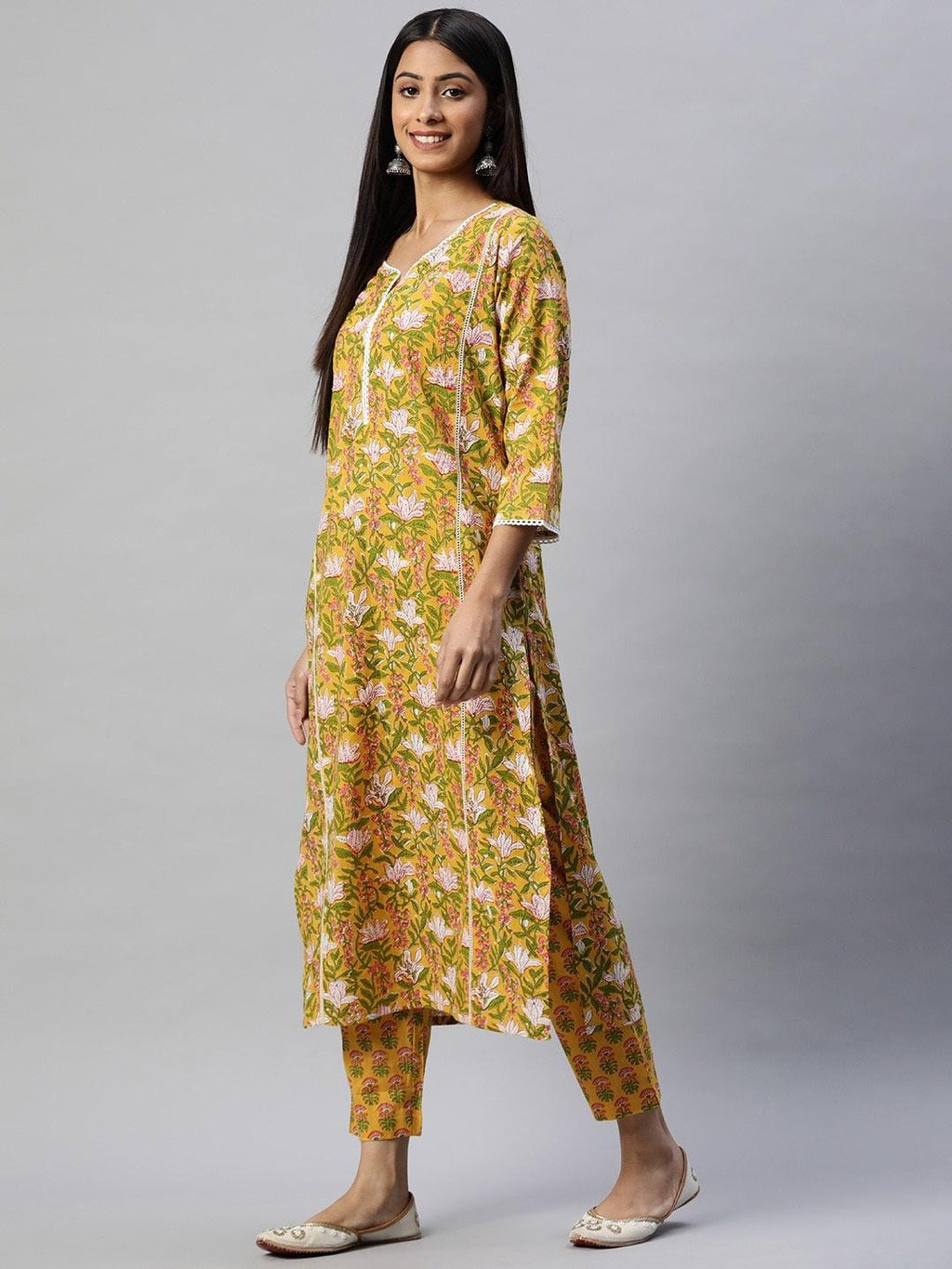 Divena Yellow Floral Printed Straight Kurta Pant Sets