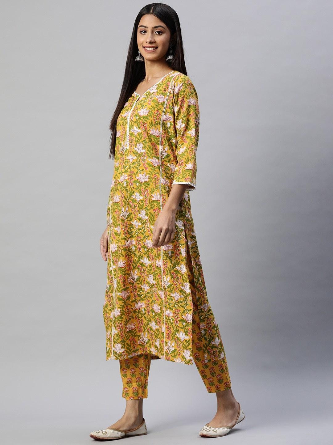 Divena Yellow Floral Printed Straight Kurta Pant Sets