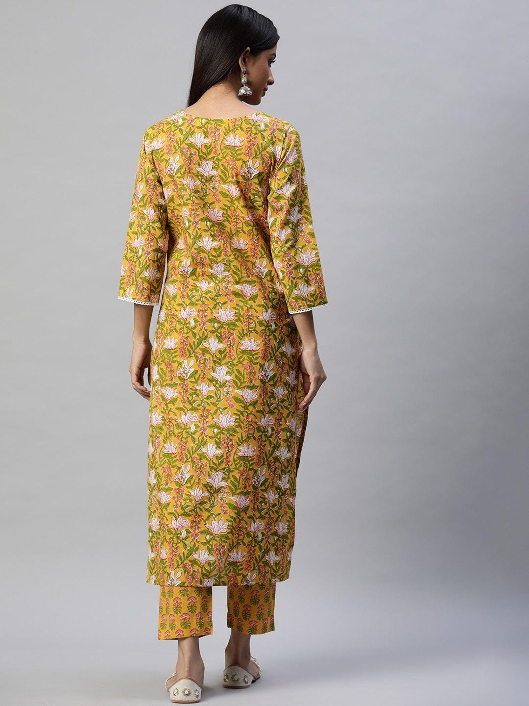 Divena Yellow Floral Printed Straight Kurta Pant Sets