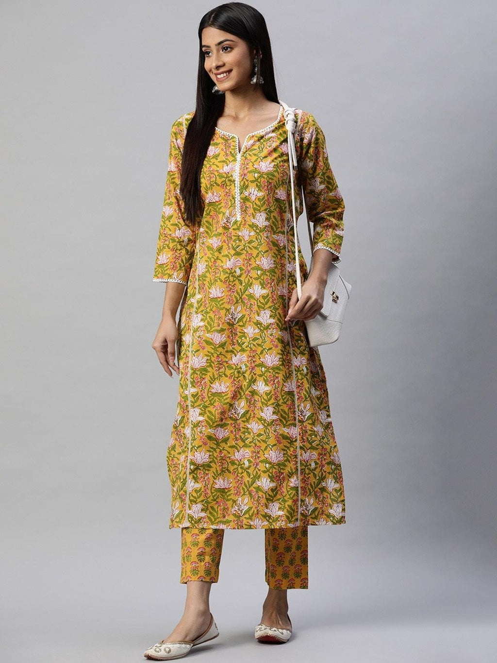 Divena Yellow Floral Printed Straight Kurta Pant Sets